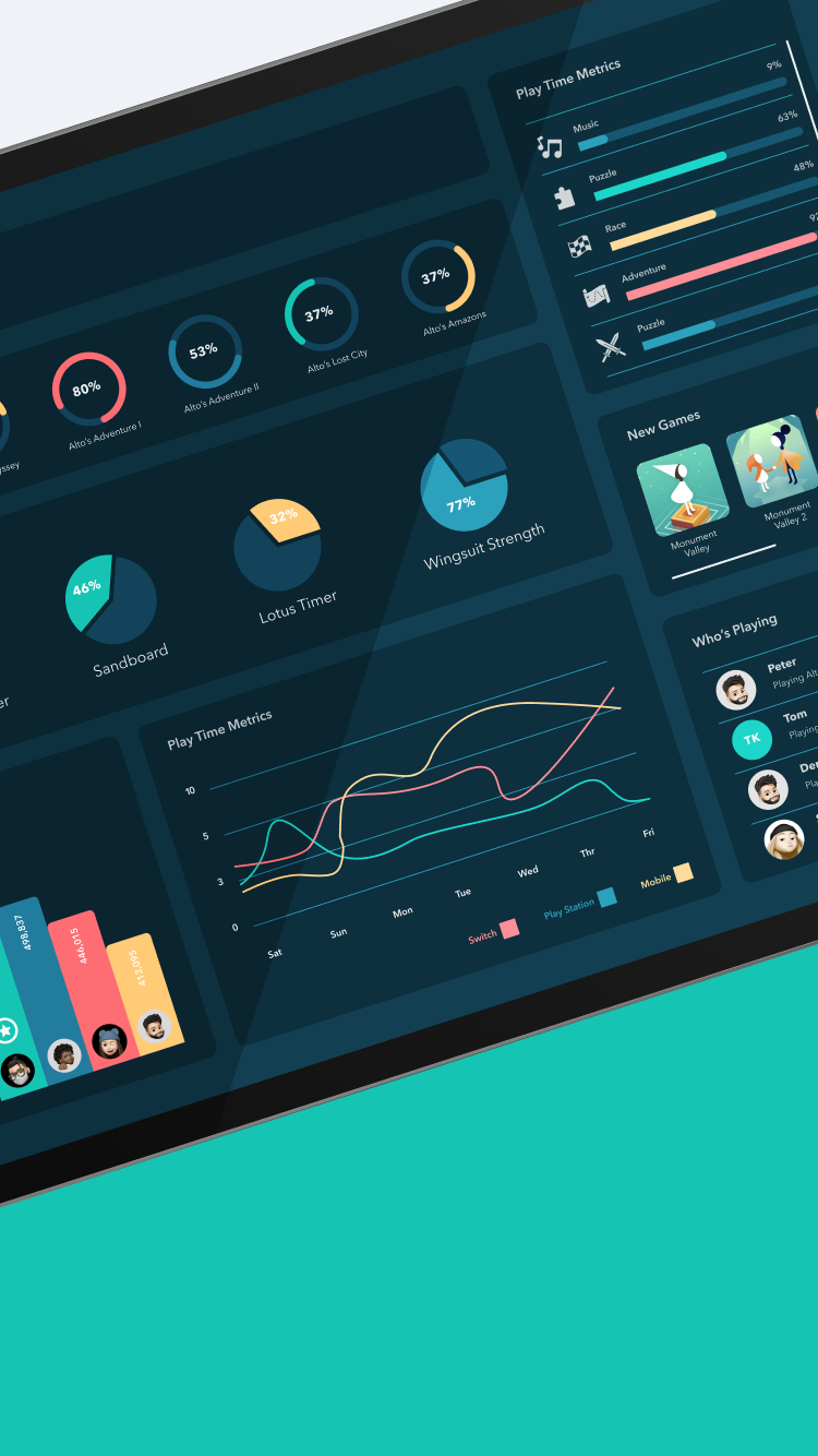 iPad mockup showcasing the UI design of the 'Game Hub' app, featuring the tools available on the user dashboard.