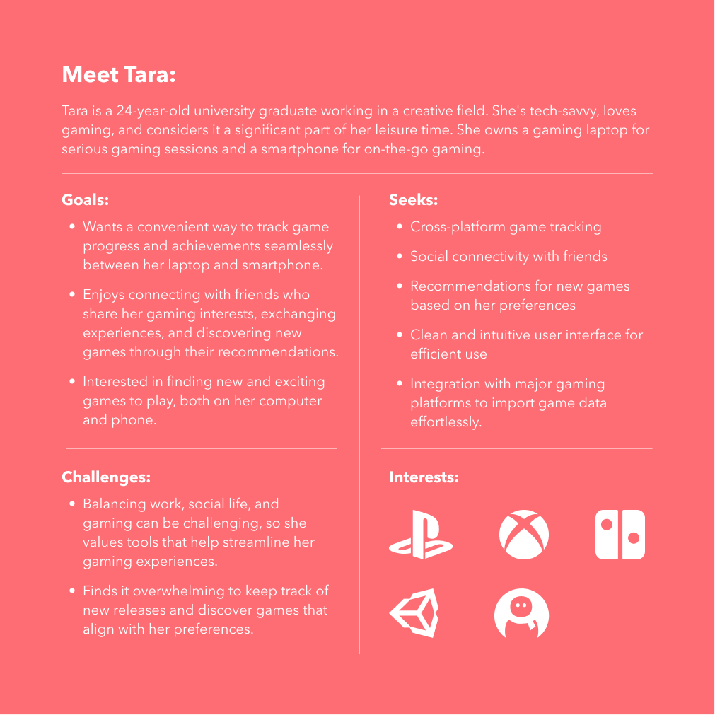 Image displaying all information for the persona of this project, including Tara's bio, goals, challenges, and what is seeks.