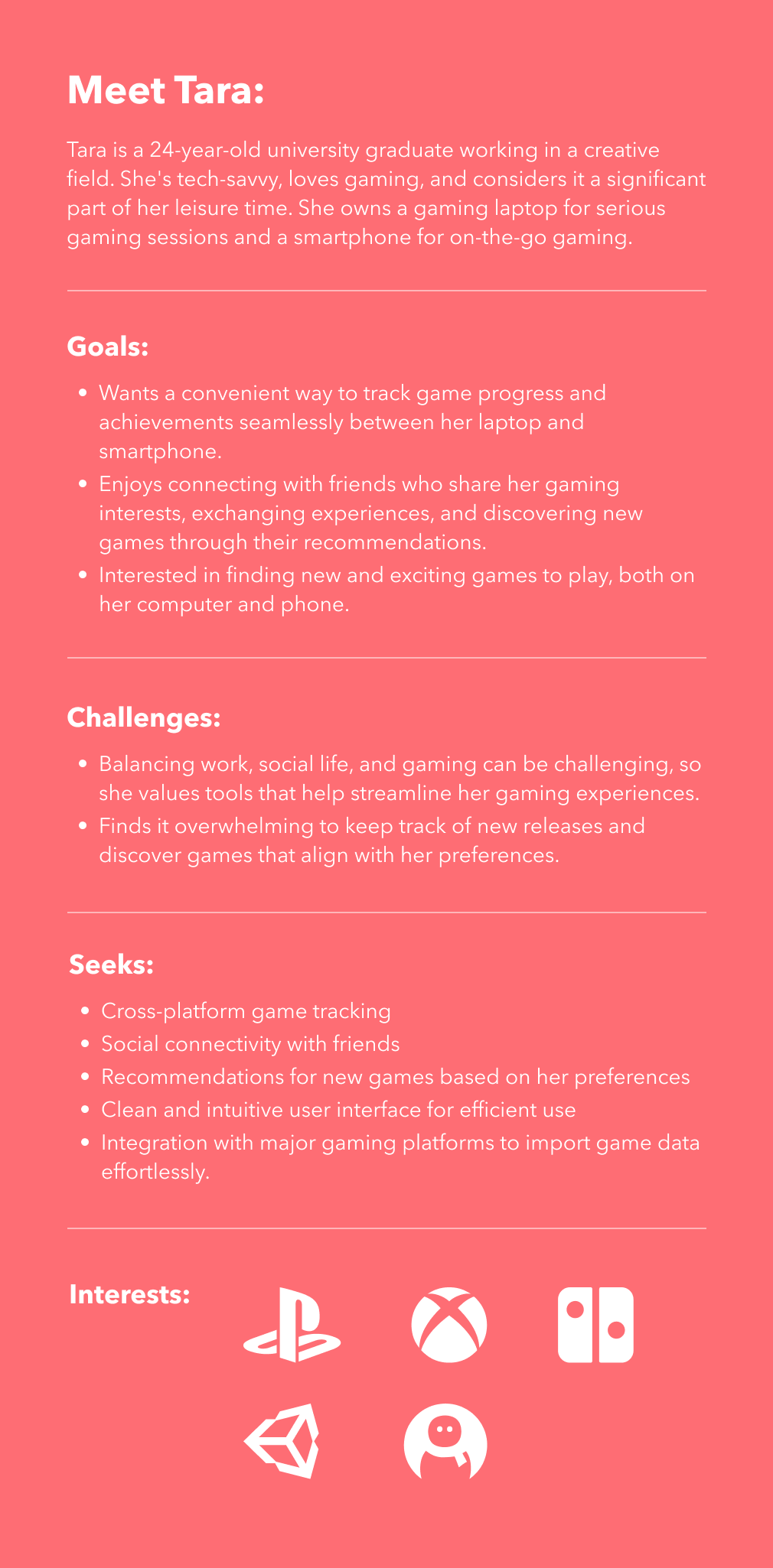 Image displaying all information for the persona of this project, including Tara's bio, goals, challenges, and what is seeks.