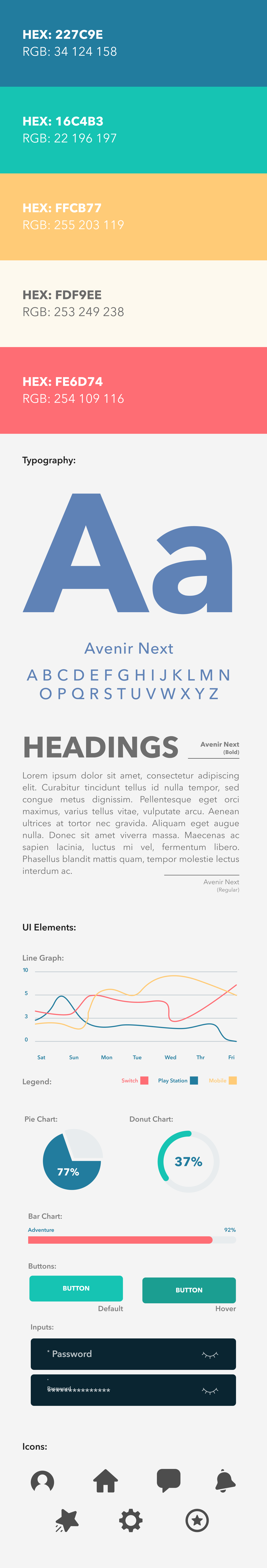 Image of the style guide for this project, listing the colors, fonts, UI elements, and icons used.