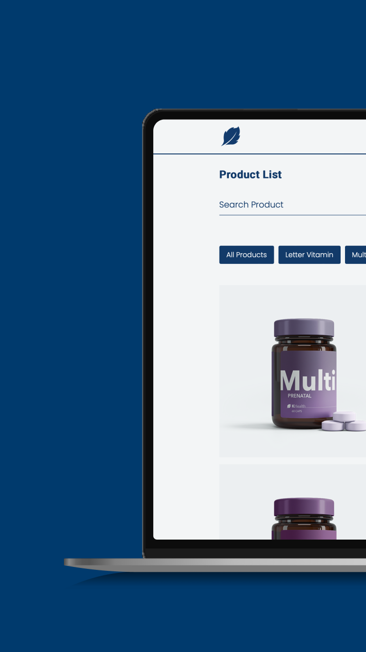 Laptop mockup of the 'K Health' web design project, displaying the product page with search and filtering tools.