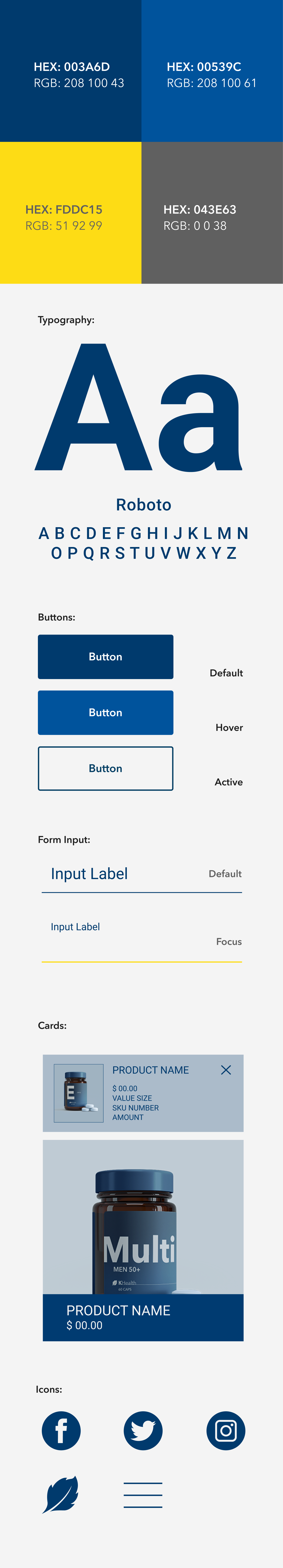 Image of the style guide for this project, listing the colors, fonts, UI elements, and icons used.