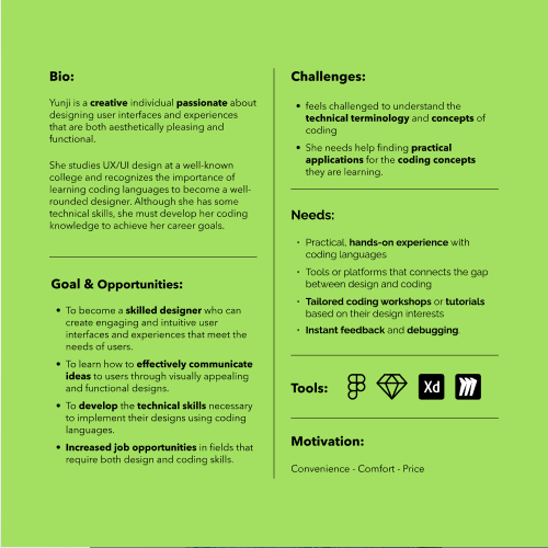 Image featuring a bio of Yunji Lee, including her goals, opportunities, challenges, needs, motivations, and the tools she uses.