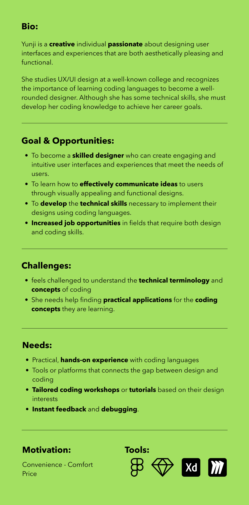 Image featuring a bio of Yunji Lee, including her goals, opportunities, challenges, needs, motivations, and the tools she uses.