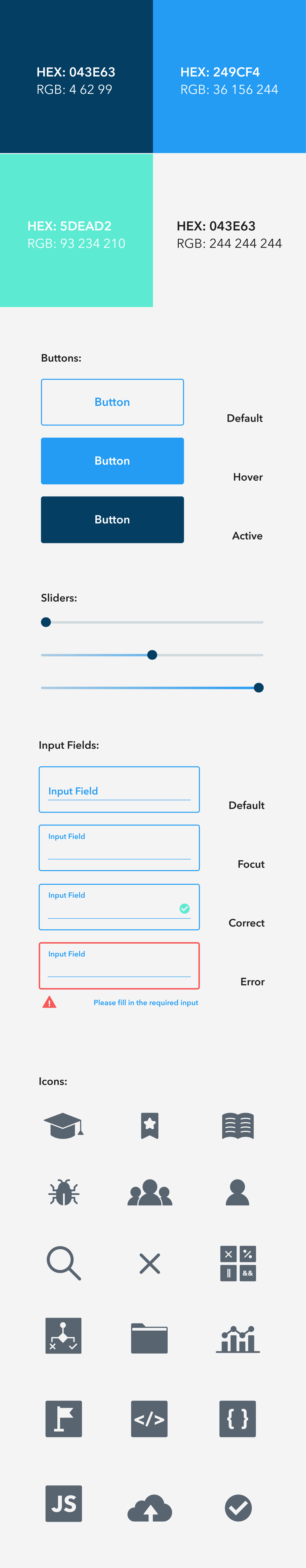 Image of the style guide for this project, listing the colors, fonts, UI elements, and icons used.