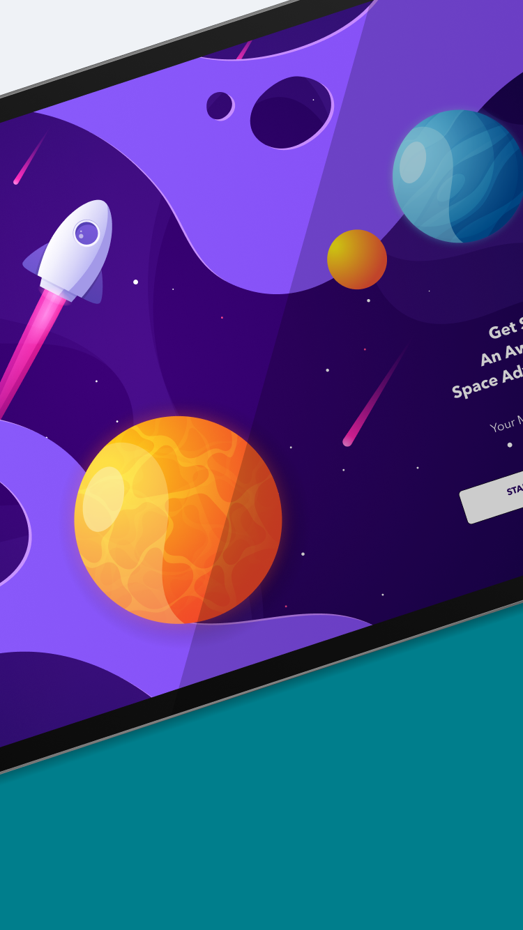 iPad mockup showcasing the UX/UI design of 'World of Wonder,' featuring a space adventure environment and a call-to-action button inviting users to start a mission.