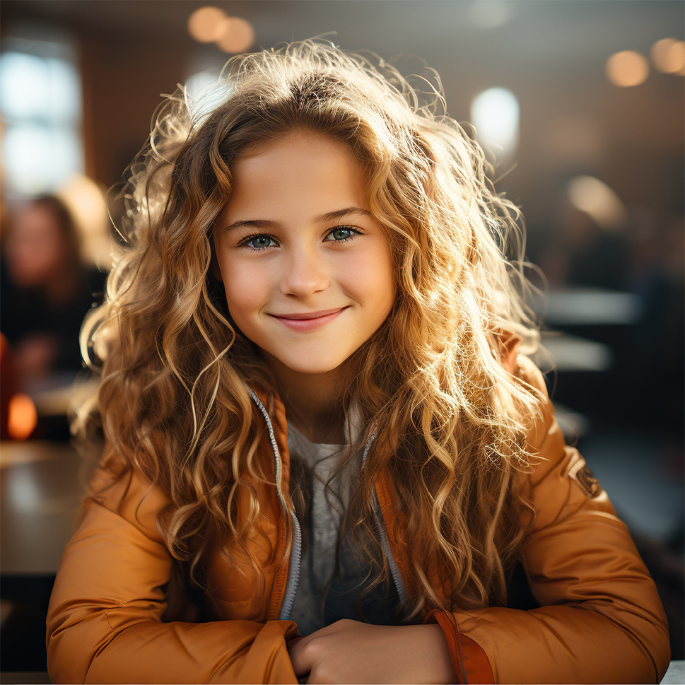 AI-generated photograph of a young girl between the ages of 7-10, representing the target audience for this UX project.