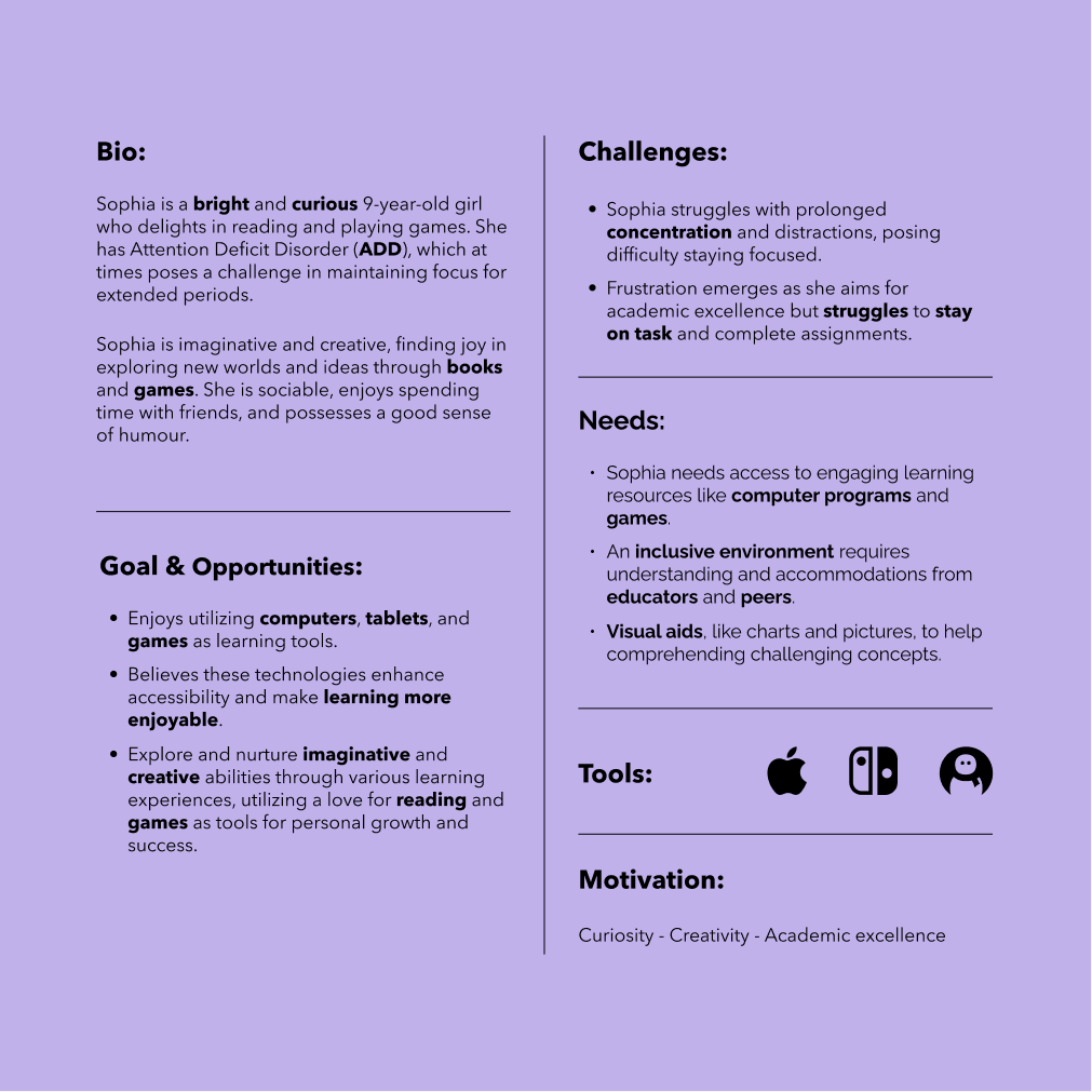 Image displaying the persona for this project: a 9-year-old girl named Sophie, including her bio, goals, opportunities, challenges, needs, motivations, and the tools she uses.