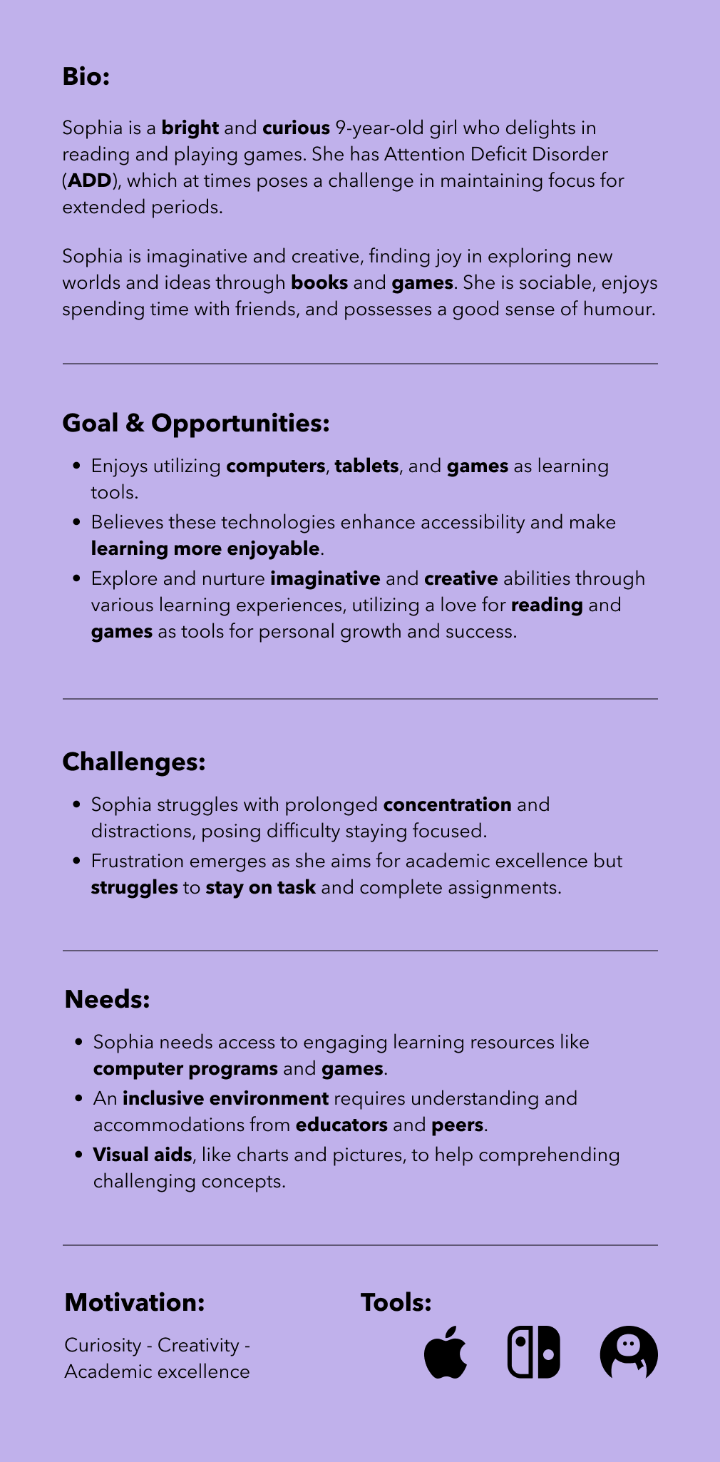 Image displaying the persona for this project: a 9-year-old girl named Sophie, including her bio, goals, opportunities, challenges, needs, motivations, and the tools she uses.
