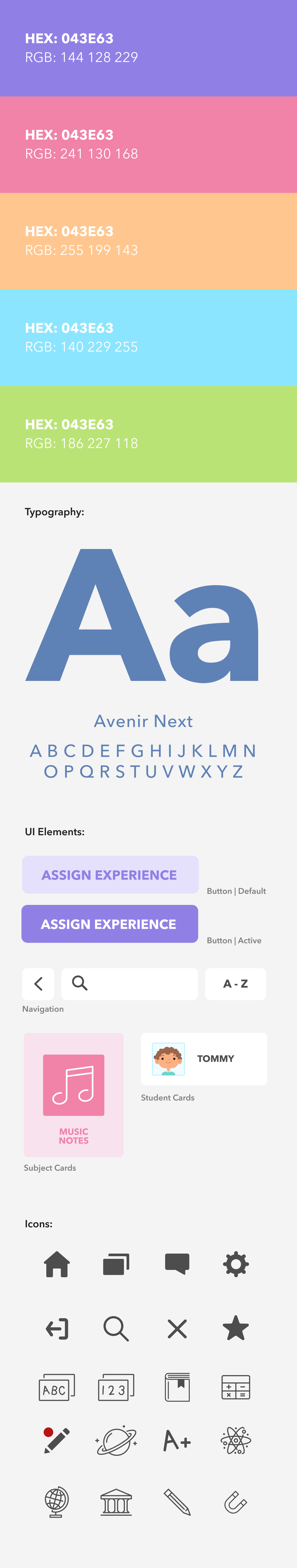 Image of the style guide for this project, listing the colors, fonts, UI elements, and icons used.